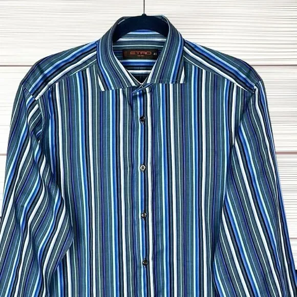 ETRO Milano Casual Button Up Shirt Cotton Blue Gray Striped Italy size 41 US 16 - Picture 5 of 12